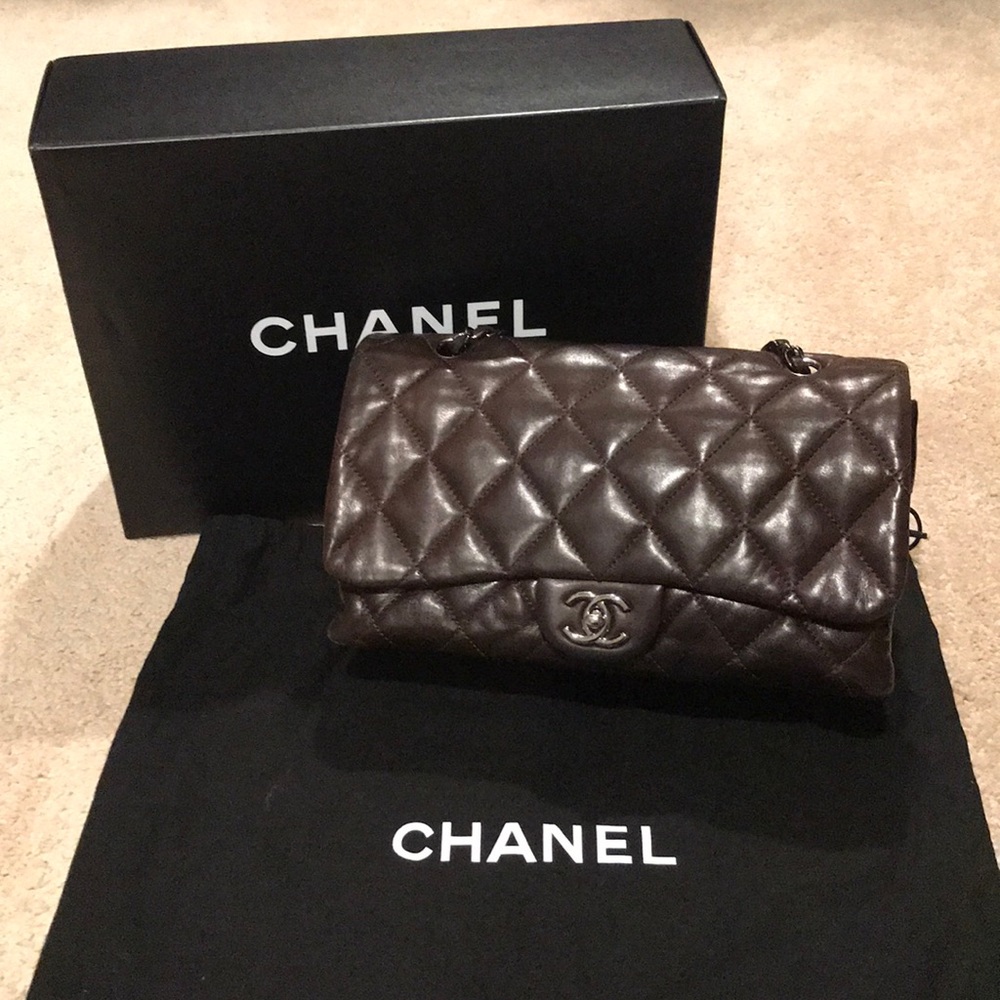 CHANEL Lambskin Quilted 3 Accordion Flap Brown